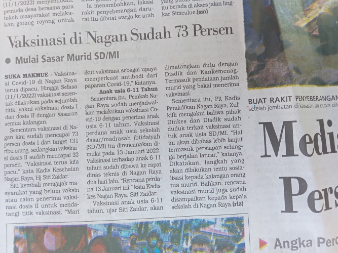 Vaksinasi di Nagan Sudah 73 Persen, Mulai Sasar Murid SD/MI